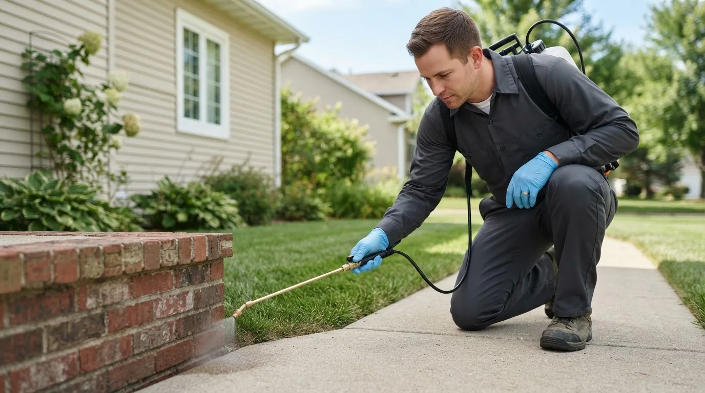 Pest control technician treating a home near Vine Grove, KY